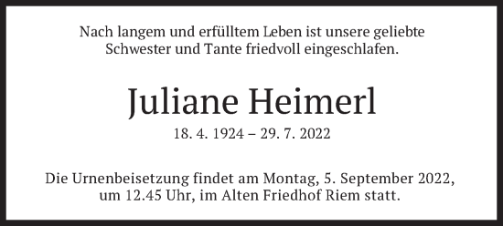 Traueranzeige von Juliane Heimerl von merkurtz