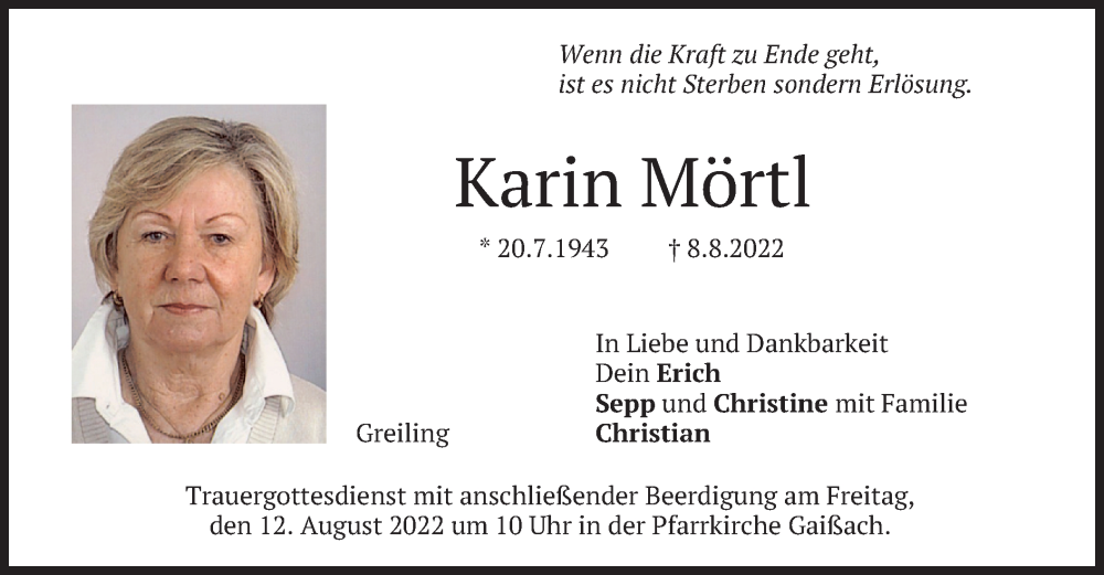  Traueranzeige für Karin Mörtl vom 10.08.2022 aus merkurtz