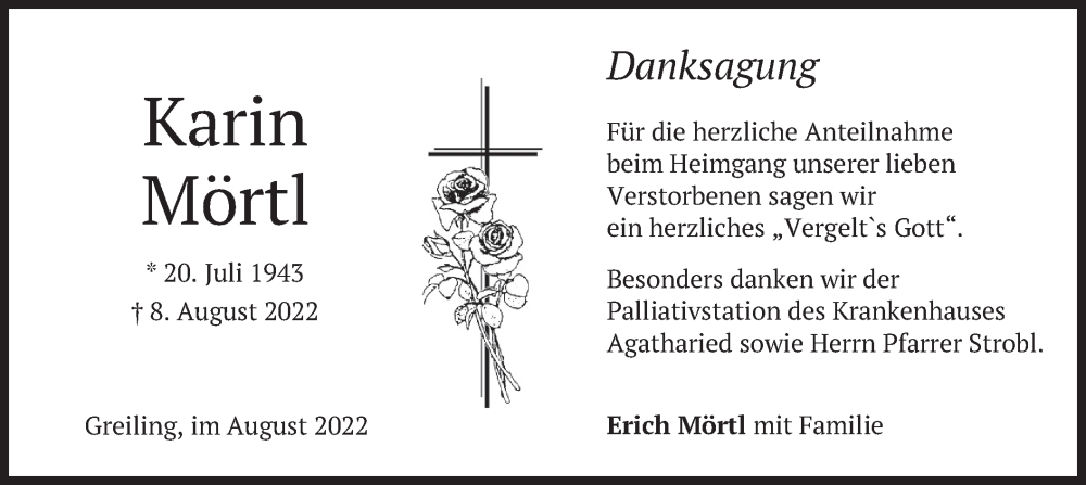  Traueranzeige für Karin Mörtl vom 20.08.2022 aus merkurtz