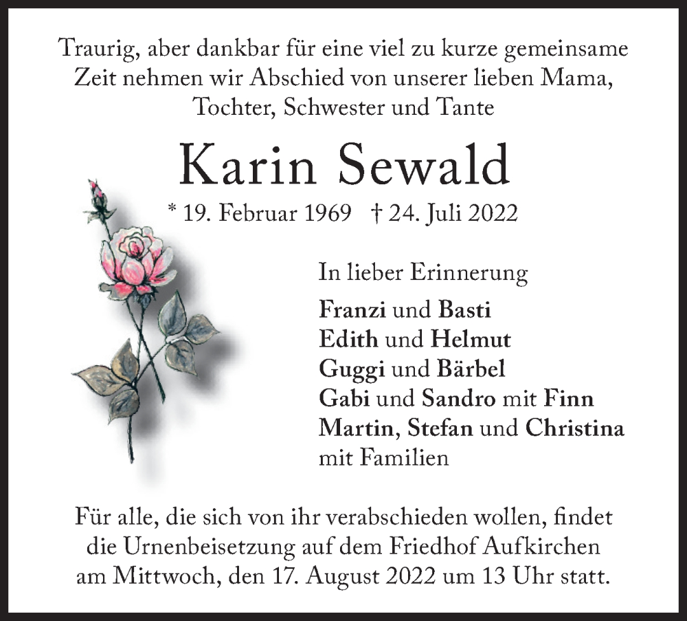  Traueranzeige für Karin Sewald vom 13.08.2022 aus merkurtz