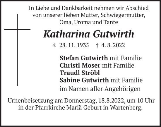 Traueranzeige von Katharina Gutwirth von merkurtz