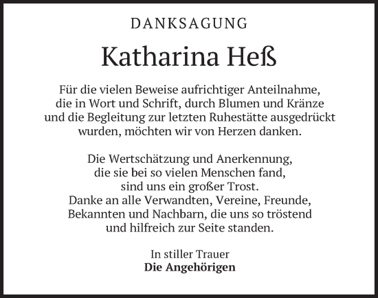 Traueranzeige von Katharina Heß von merkurtz