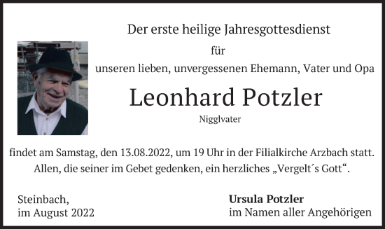 Traueranzeige von Leonhard Potzler von merkurtz
