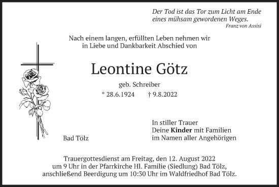 Traueranzeige von Leontine Götz von merkurtz