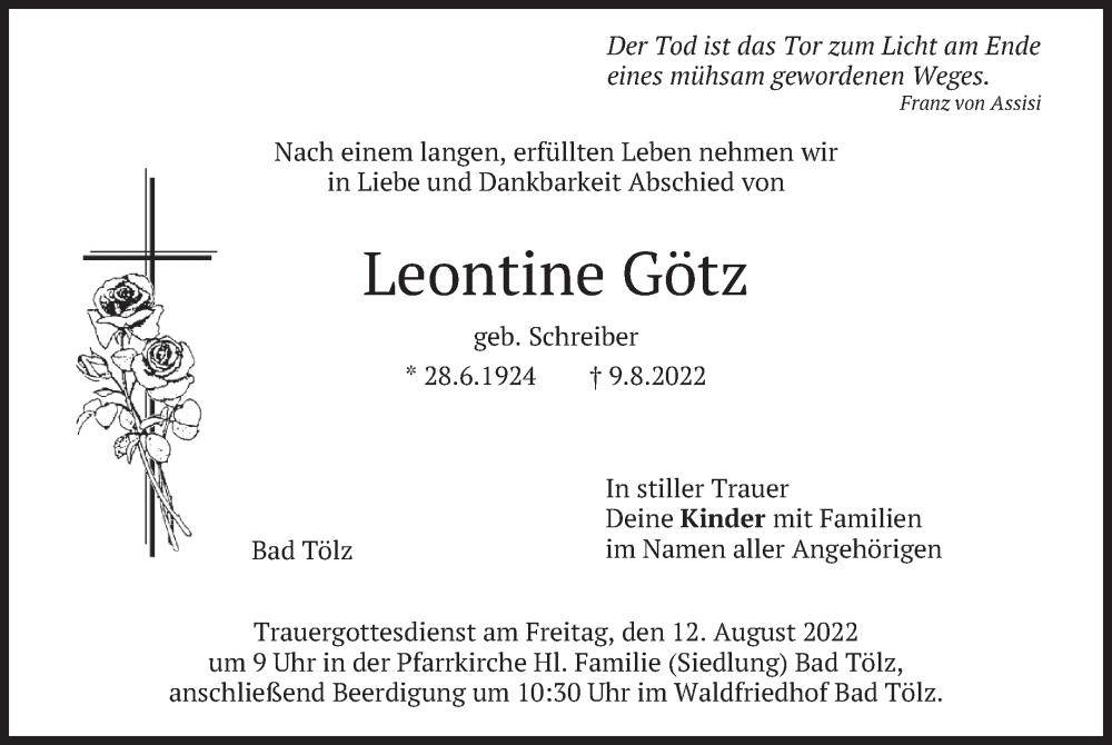  Traueranzeige für Leontine Götz vom 10.08.2022 aus merkurtz