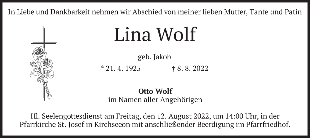  Traueranzeige für Lina Wolf vom 10.08.2022 aus merkurtz