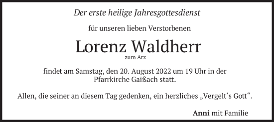 Traueranzeige von Lorenz Waldherr von merkurtz