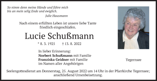 Traueranzeige von Lucie Schußmann von merkurtz