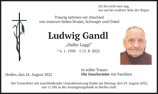 Traueranzeige von Ludwig Gandl von merkurtz