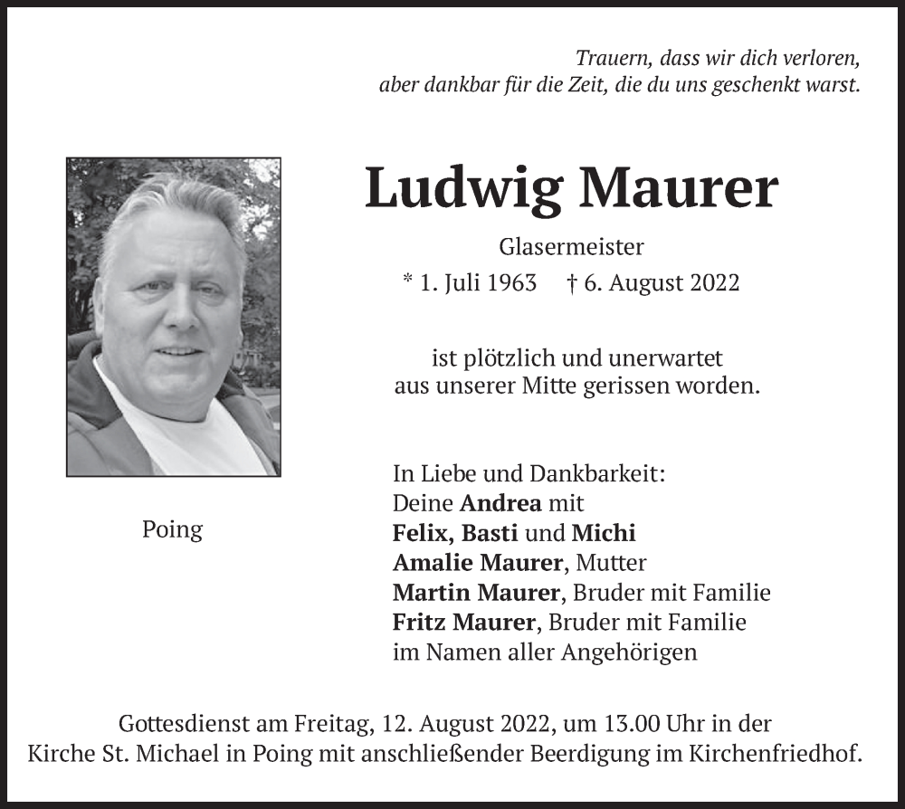  Traueranzeige für Ludwig Maurer vom 10.08.2022 aus merkurtz