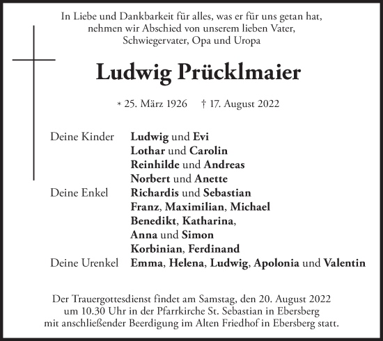 Traueranzeige von Ludwig Prücklmaier