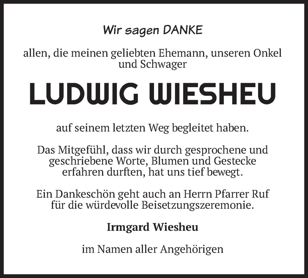  Traueranzeige für Ludwig Wiesheu vom 06.08.2022 aus merkurtz