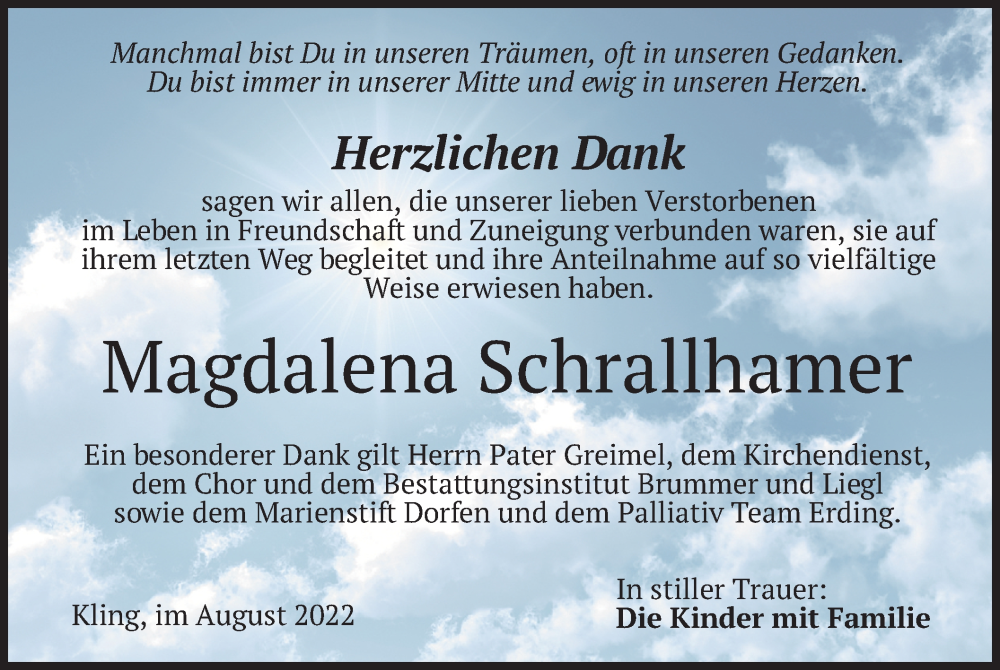  Traueranzeige für Magdalena Schrallhamer vom 13.08.2022 aus merkurtz