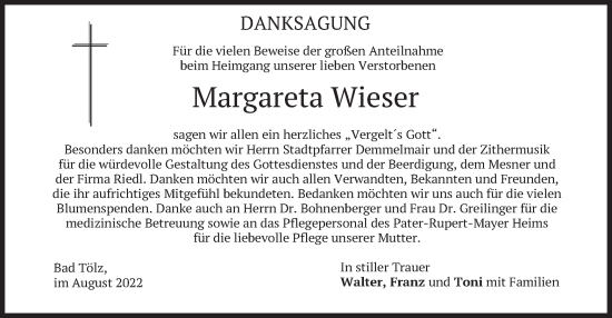 Traueranzeige von Margareta Wieser von merkurtz