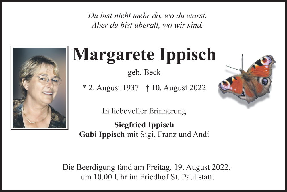  Traueranzeige für Margarete Ippisch vom 20.08.2022 aus merkurtz