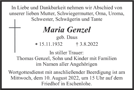 Traueranzeige von Maria Genzel von merkurtz