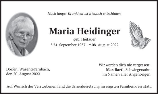 Traueranzeige von Maria Heidinger von merkurtz