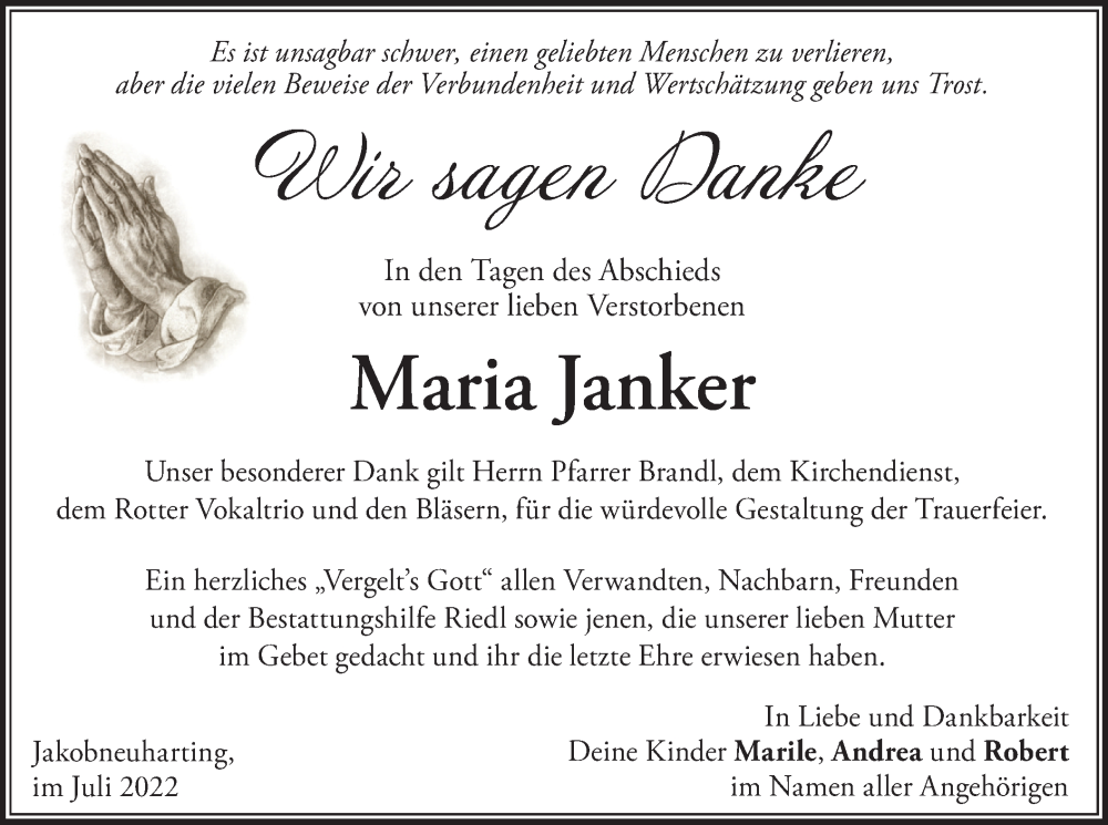  Traueranzeige für Maria Janker vom 30.07.2022 aus merkurtz