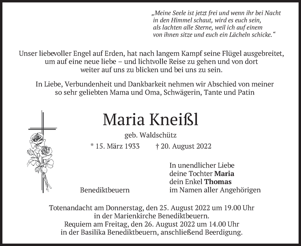  Traueranzeige für Maria Kneißl vom 24.08.2022 aus merkurtz