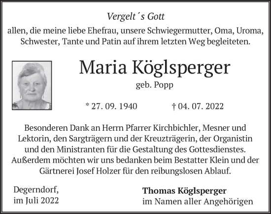 Traueranzeige von Maria Köglsperger von merkurtz