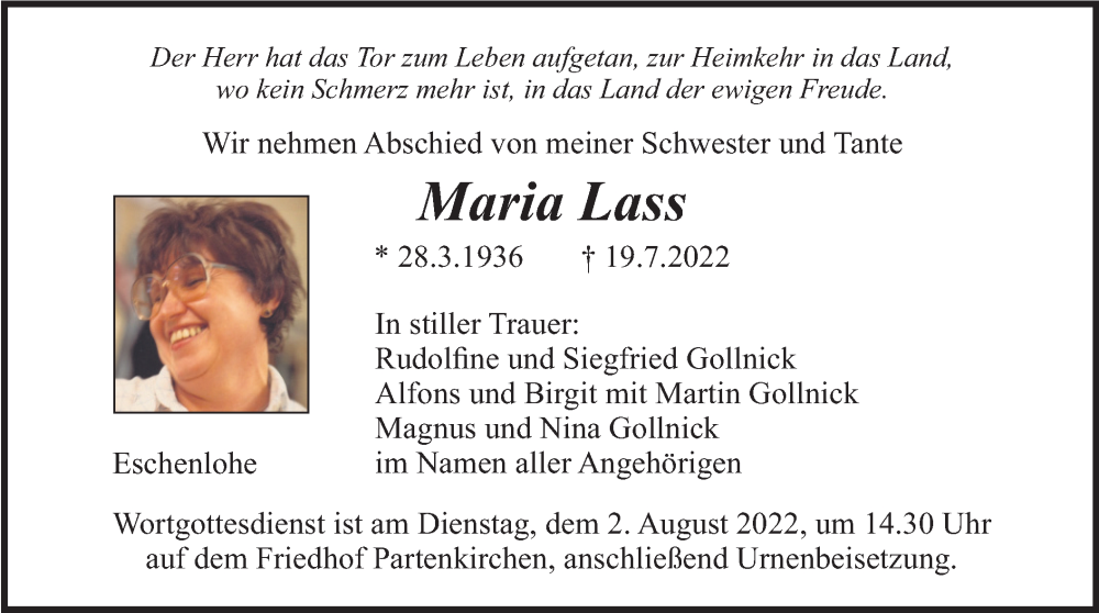  Traueranzeige für Maria Lass vom 30.07.2022 aus merkurtz