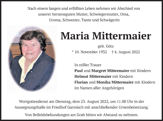 Traueranzeige von Maria Mittermaier von merkurtz