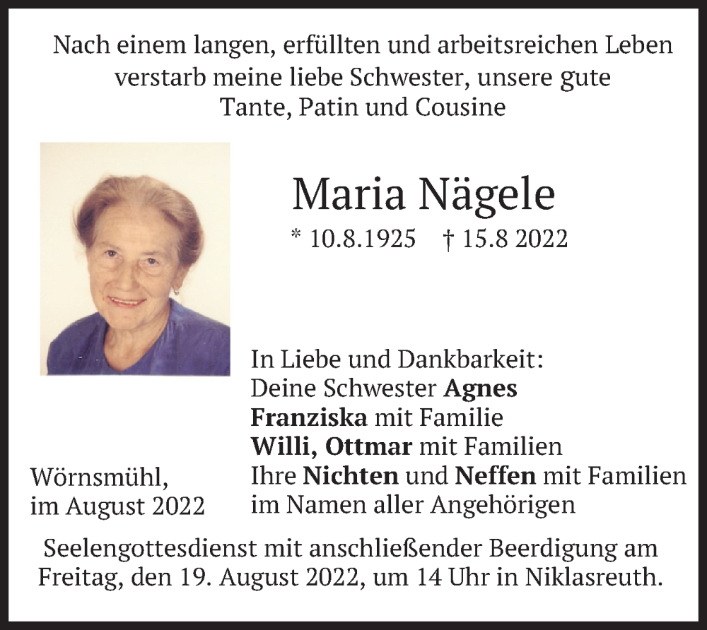 Traueranzeige für Maria Nägele vom 18.08.2022 aus merkurtz