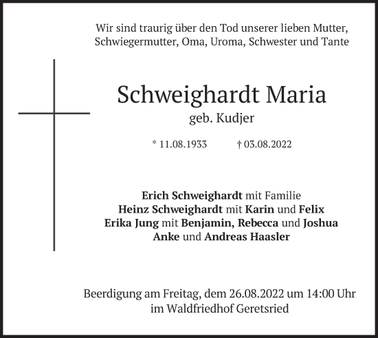 Traueranzeige von Maria Schweighardt von merkurtz