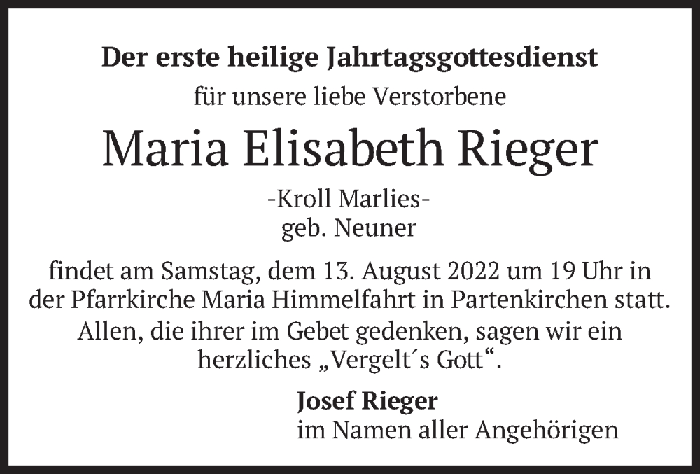  Traueranzeige für Maria Elisabeth Rieger vom 06.08.2022 aus merkurtz