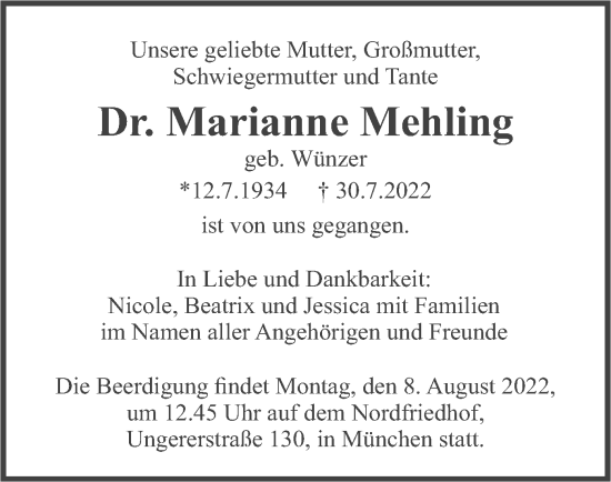 Traueranzeige von Marianne Mehling von merkurtz