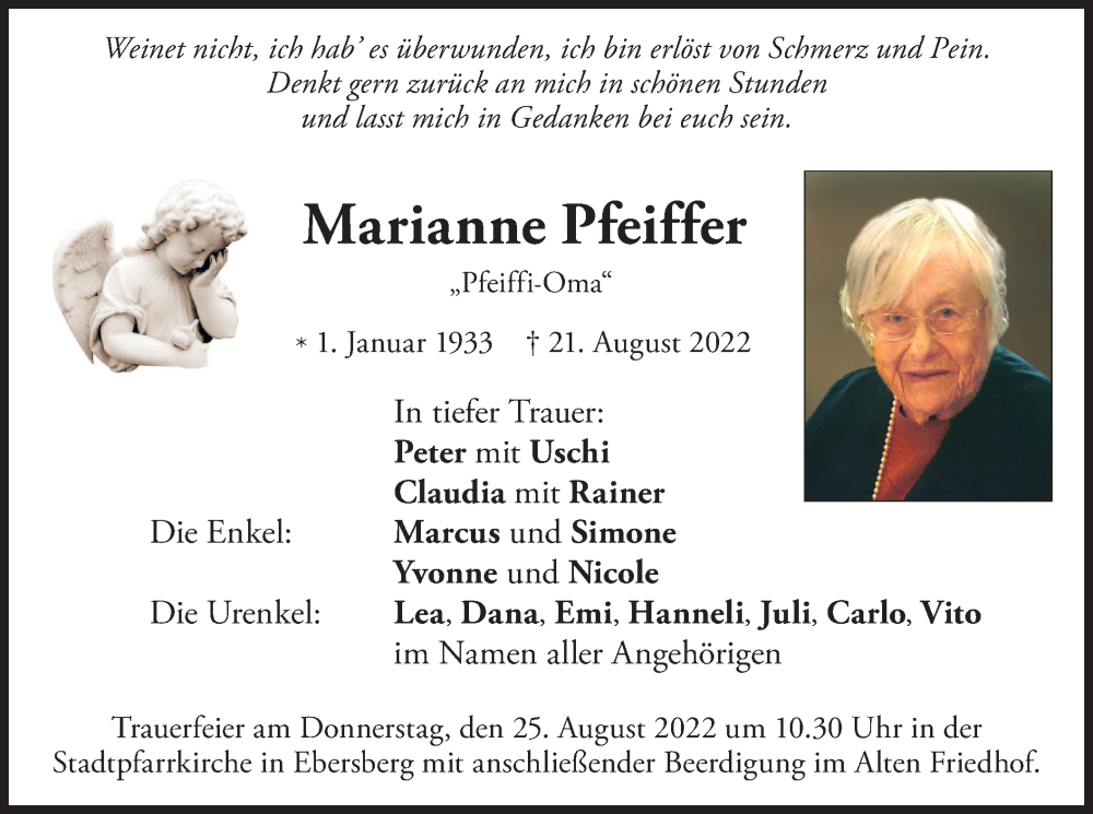  Traueranzeige für Marianne Pfeiffer vom 24.08.2022 aus merkurtz