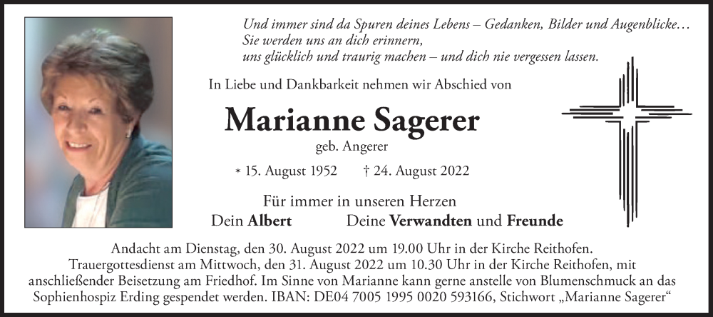  Traueranzeige für Marianne Sagerer vom 27.08.2022 aus merkurtz