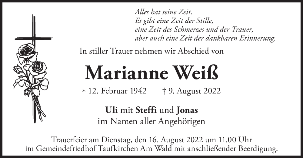  Traueranzeige für Marianne Weiß vom 13.08.2022 aus merkurtz