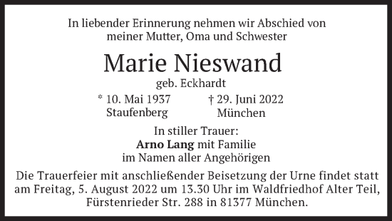 Traueranzeige von Marie Nieswand von merkurtz