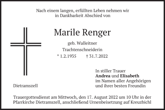 Traueranzeige von Marile Renger von merkurtz