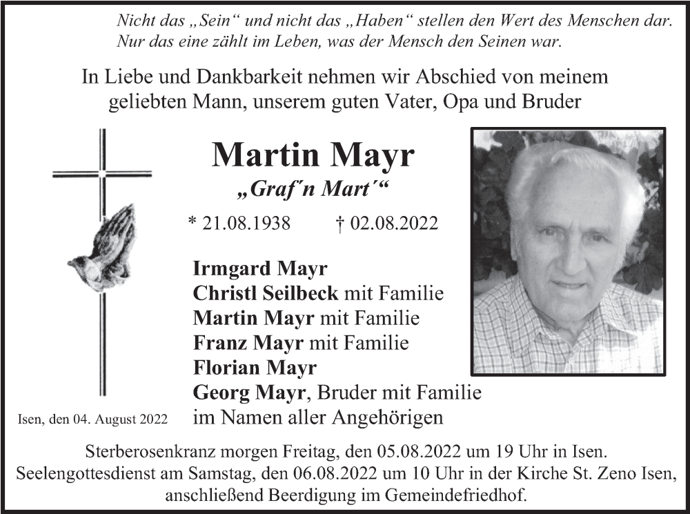  Traueranzeige für Martin Mayr vom 04.08.2022 aus merkurtz