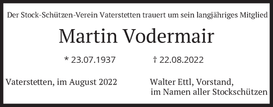 Traueranzeige von Martin Vodermair von merkurtz