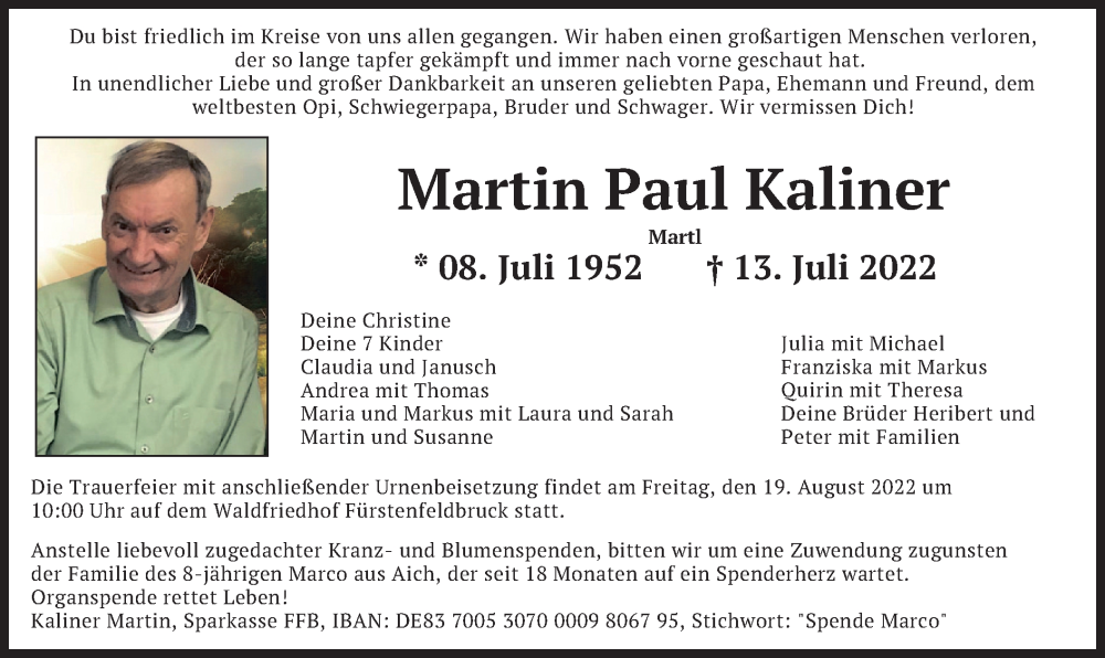  Traueranzeige für Martin Paul Kaliner vom 13.08.2022 aus merkurtz