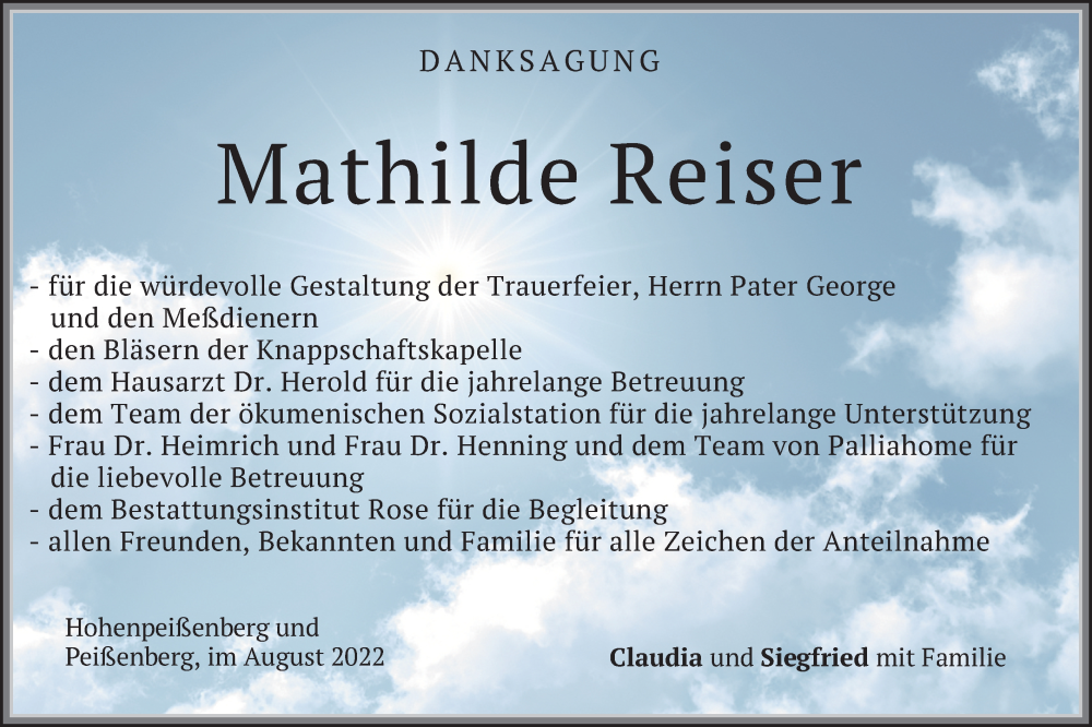  Traueranzeige für Mathilde Reiser vom 31.08.2022 aus merkurtz