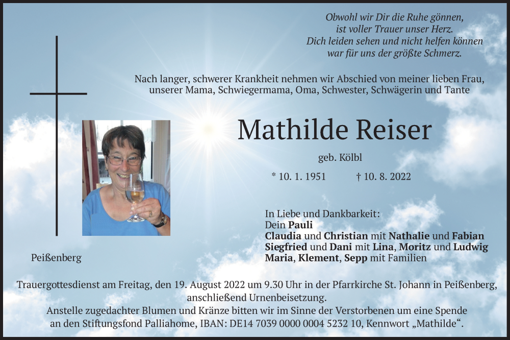  Traueranzeige für Mathilde Reiser vom 16.08.2022 aus merkurtz
