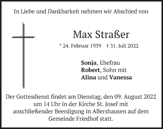 Traueranzeige von Max Straßer von merkurtz