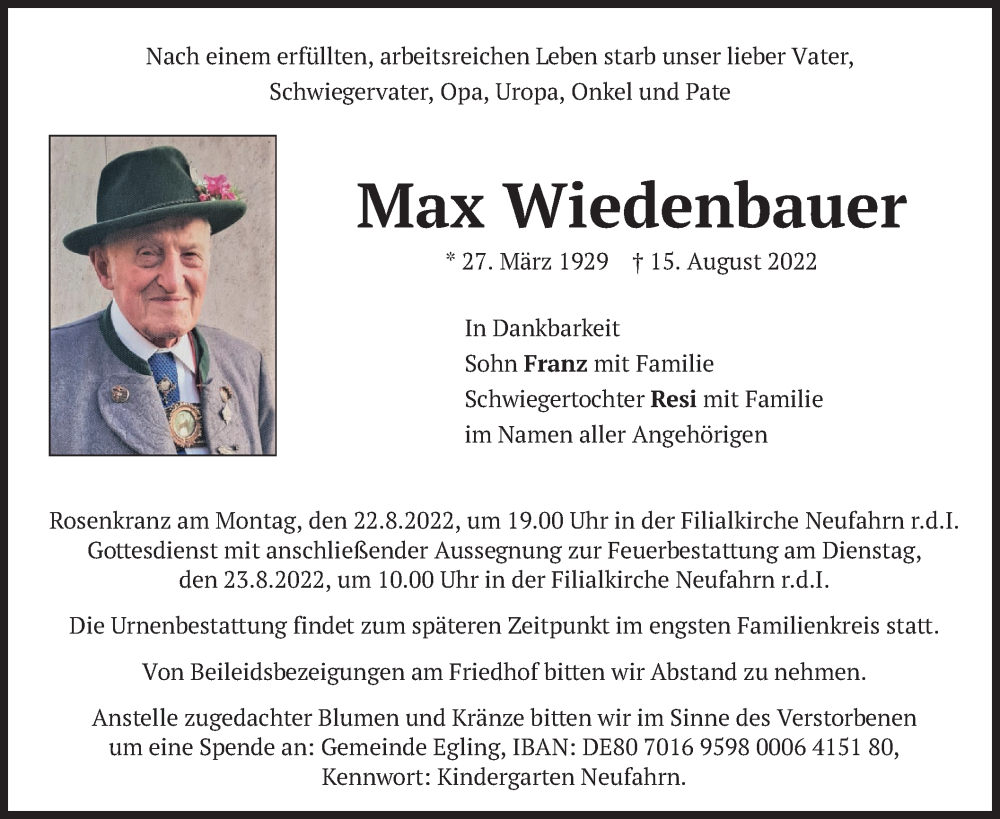  Traueranzeige für Max Wiedenbauer vom 20.08.2022 aus merkurtz