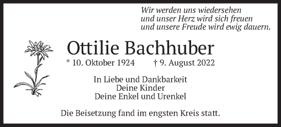 Traueranzeige von Ottilie Bachhuber von merkurtz