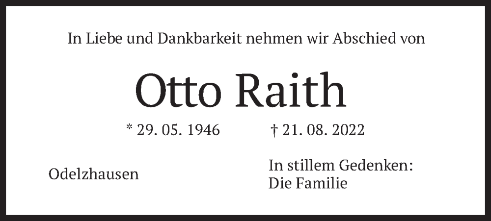  Traueranzeige für Otto Raith vom 24.08.2022 aus merkurtz