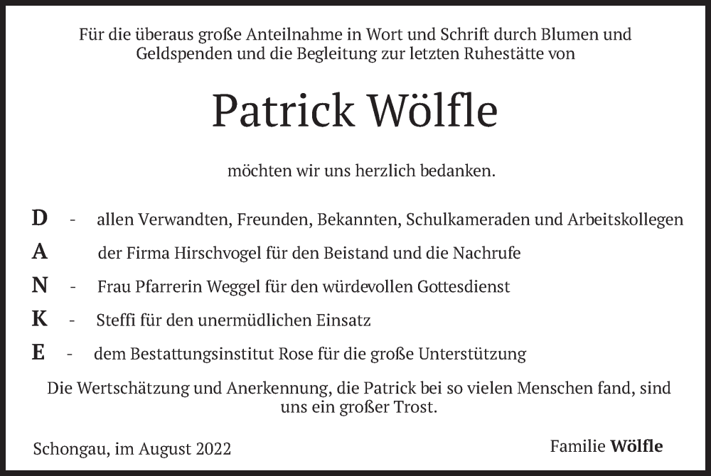  Traueranzeige für Patrick Wölfle vom 20.08.2022 aus merkurtz