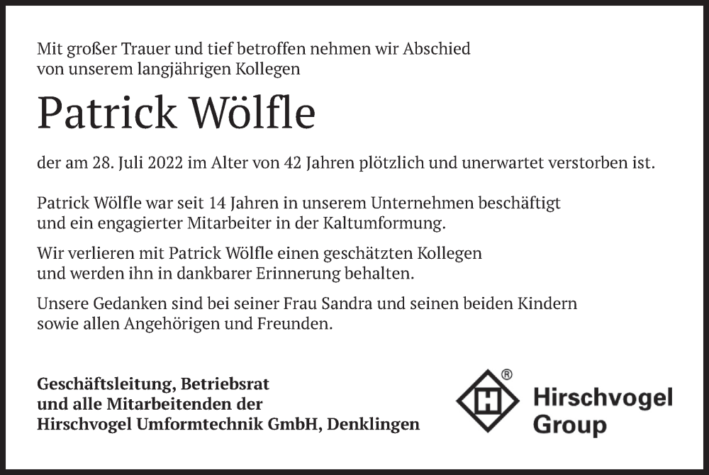  Traueranzeige für Patrick Wölfle vom 12.08.2022 aus merkurtz