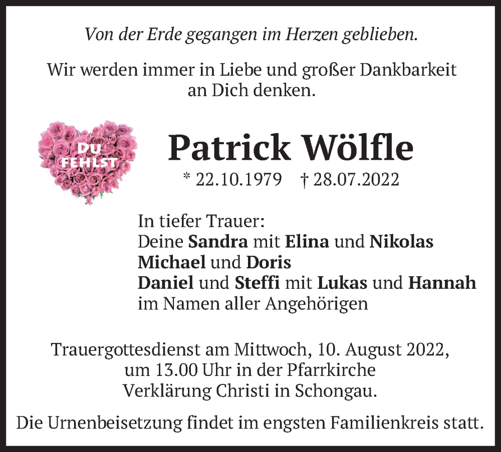  Traueranzeige für Patrick Wölfle vom 06.08.2022 aus merkurtz