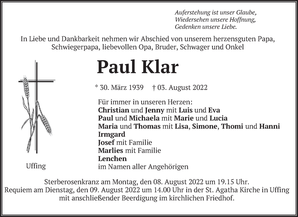  Traueranzeige für Paul Klar vom 06.08.2022 aus merkurtz