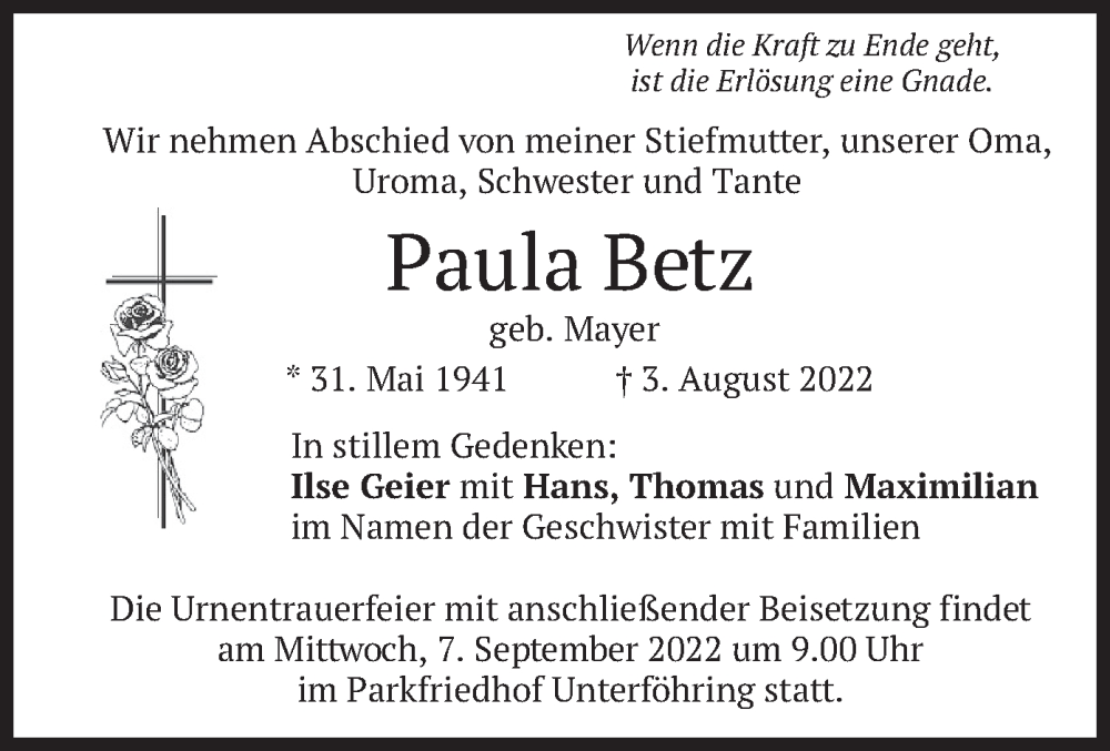  Traueranzeige für Paula Betz vom 20.08.2022 aus merkurtz