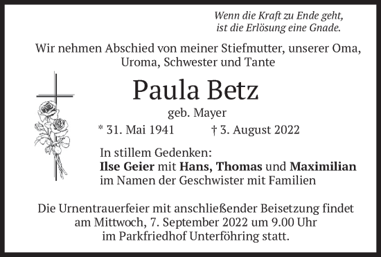 Traueranzeige von Paula Betz von merkurtz